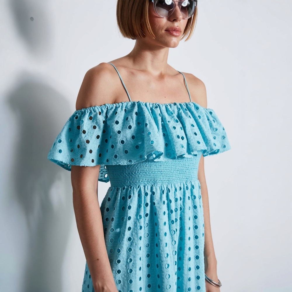 T Tahari Women's Eyelet Midi Dress – Blue Haze, Size M | Elegant Cotton Summer - Picture 4 of 7